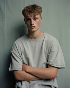 A young man holding his stomach, worry on his face for colorectal cancer symptoms.