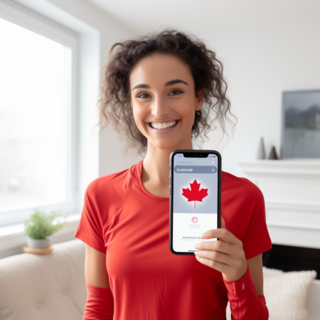 Woman showing the app "straigten up canada" on her phone.