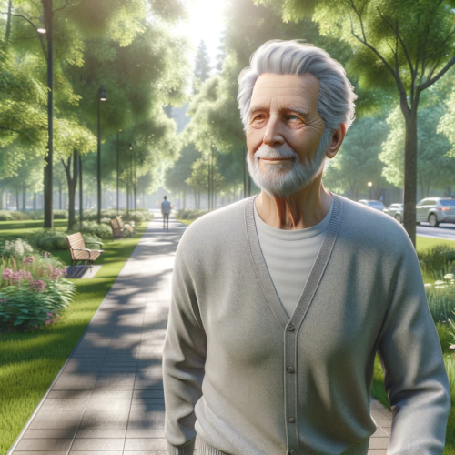 image of an elderly, healthy man walking in a park. He appears to be enjoying a serene walk amidst the lush greenery of the park.