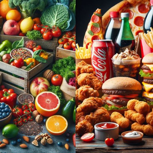The image strikingly contrasts healthy, natural foods with ultra-processed 'junk' foods. One side showcases fresh fruits, vegetables, and whole grains, symbolizing a nutritious diet, while the other side features common processed foods, highlighting the stark difference in nutritional value.