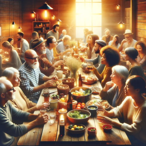 The image captures a warm and inviting social gathering, where diverse individuals engage in various interactions such as chatting, laughing, and sharing a meal. It conveys a sense of community and belonging, highlighting the importance of social connections.