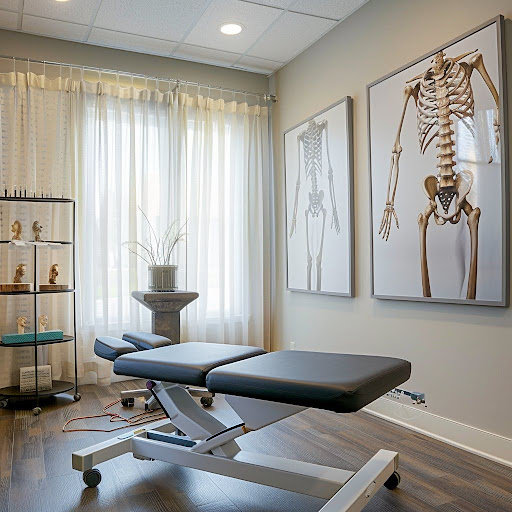 An Ai image showing a professional setting where a chiropractor would perform a non-surgical intervention for a patient with chronic low back pain. The scene symbolizes a holistic approach to pain management, emphasizing education, exercise, and therapeutic support in a calm, reassuring environment