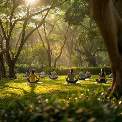 A lushes garden with people practicing yoga. a Healthy Lifestyle for Longevity