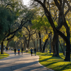 A serene landscape where a diverse group of people of all ages are joyfully engaging in various outdoor activities—walking, jogging, showing the benefits of outdoor activities