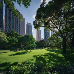 a lush, vibrant park in the heart of a bustling city, a perfect blend of urban and natural elements for Environmental Health