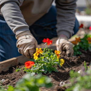 A person gardening with proper posture, kneeling on one knee while planting flowers in a raised bed.