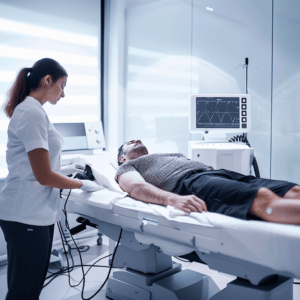 A soothing image of a patient undergoing laser therapy at a modern clinic, depicting a serene environment with soft lighting and comforting tones, emphasizing the non-invasive nature of the treatment