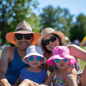 A family enjoying a sunny day at the park, equipped with sun hats, sunglasses, and sunscreen, demonstrating effective sun safety measures.