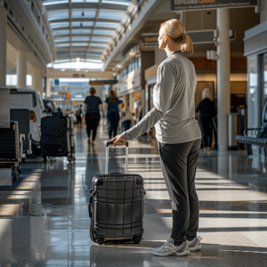 A traveler at an airport standing, holding onto the handle of a wheeled suitcase, and looking straight ahead