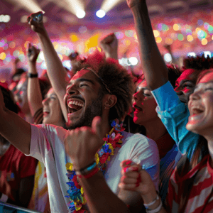 A diverse group of people cheering and enjoying themselves at a live sports event, with a vibrant stadium atmosphere in the background.