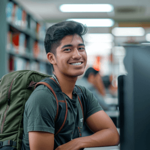 A student wearing a well-fitted backpack and sitting at a desk with proper ergonomics, looking happy and comfortable.