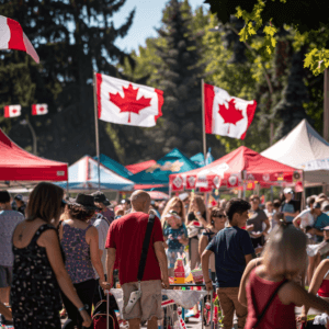 A vibrant community gathering with people of all ages enjoying outdoor activities, such as a picnic, games, or a parade, with Canadian flags and symbols visible.