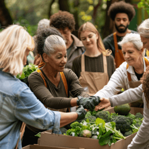 A group of diverse people of various ages helping each other, such as carrying groceries, assisting with gardening, or volunteering at a community event.