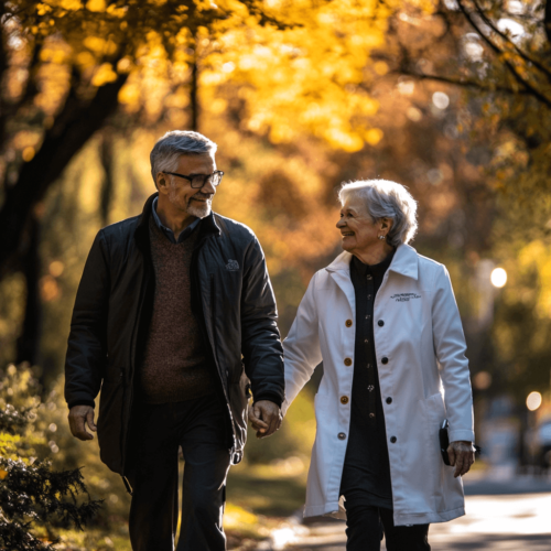 elderly patients walking together in a park, the patient smiling and active, with gentle fall sunlight casting warm shadows. Scene of empowerment and support, symbolizing an active lifestyle despite arthritis. hd quality, vivid colors.