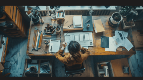 A person surrounded by a structured workspace, with organized tools and schedules, building daily routine. They look focused and intentional, highlighted by clean, modern surroundings. Natural light flows through the room, symbolizing clarity and purpose.