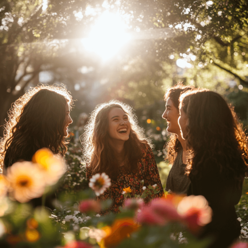 A bright, hopeful photograph of a group of friends laughing together, vibrant city park, colorful flowers blooming around. Sunlight streaming through the trees, warm tones and energetic vibe. Positive expressions, connection with nature.