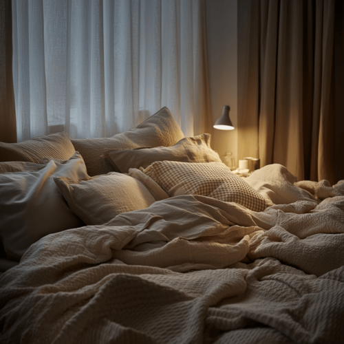 A cozy bedroom with soft, oversized bedding, thick comforters, and numerous pillows arranged on the bed. Dim, warm lighting from a bedside lamp casts gentle shadows