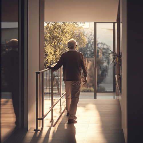 A senior man in his home using handrails along a hallway for added support, the floor free of any obstacles. The environment is well-designed for senior safety, with plenty of natural light creating a warm, secure atmosphere.