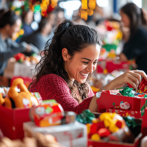 Volunteers smiling as they pack colorful toys and essentials into gift boxes at a holiday donation drive.