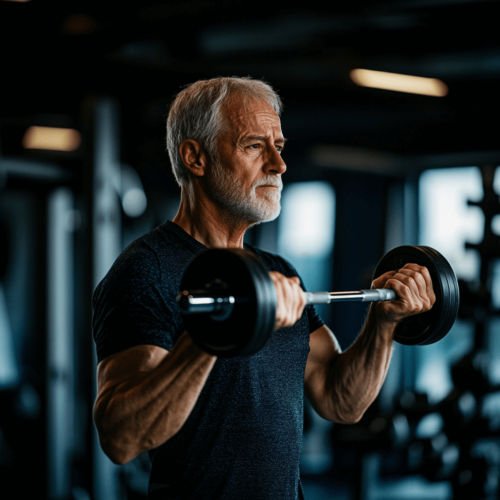 A elderly man lifting free weights in a modern gym, focusing on bone density exercises. The weights are medium-sized, and his posture is perfect, emphasizing controlled movement.