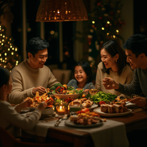 A cozy holiday scene of a family around the dinner table, sharing a balanced meal with both colourful veggies and festive treats.