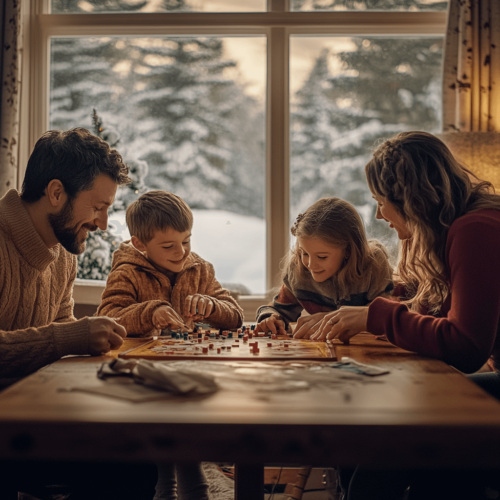 A cheerful family gathered around a table indoors, playing a board game with a snowy winter landscape visible through a nearby window, symbolizing warmth, joy, and connection during the holiday season.