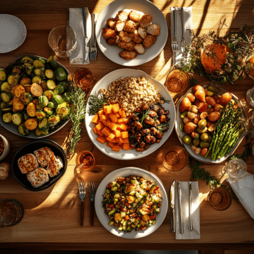 A festive table setting featuring a colorful spread of vegetables, lean proteins, and whole grains, with small plates emphasizing portion control.