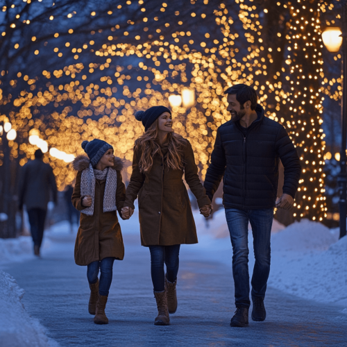 A cheerful family walking outdoors in a snowy park, dressed warmly, with festive lights in the background, capturing the joy of movement and togetherness during the holiday season.