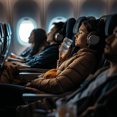 A scene inside an airplane cabin with diverse passengers stretching in their seats, sipping water, and using travel accessories like neck pillows and compression socks.