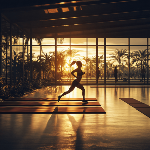 A sleek gym setting at sunrise with a person stretching, a runner mid-stride at sunset on a vibrant track, and another individual practicing yoga at dusk. The image emphasizes variety and the connection between workout timing and performance.