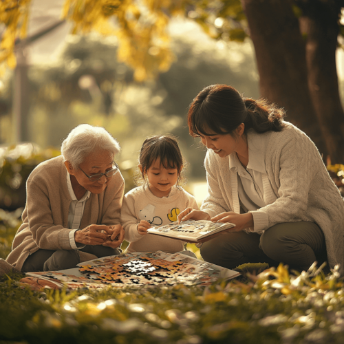 A heartwarming scene featuring a child, her parent and grandparent at a park, working on a puzzle to help against Alzheimer’s disease.