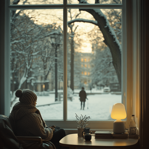 A serene winter scene with soft light streaming through a window, a person sitting comfortably with a light therapy lamp, and another bundled up, walking outdoors in a snowy park.