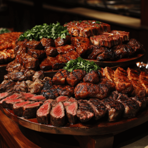 A hyperrealistic, mouthwatering display of giant platters piled high with thick, juicy cuts of red meat--like steaks, ribs, roasts, and more. The platters span a large wooden table, creating a dramatic sense of abundance and indulgence. The meat is sizzling, with a slight char on the edges and glistening juices that highlight its rich texture