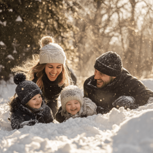 A family enjoying a winter day outdoors, playing in the snow and laughing together, symbolizing the importance of social connections and quality time.