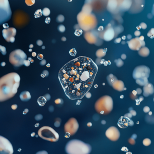 A close-up image of tiny microplastic particles floating in water, symbolizing the widespread presence of microplastics in the environment and their potential health risks.