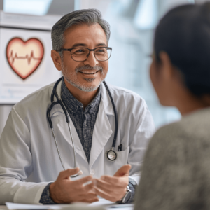 A friendly doctor discussing heart health with a patient with a diagram of a heart in the background, showcasing the importance of prevention.