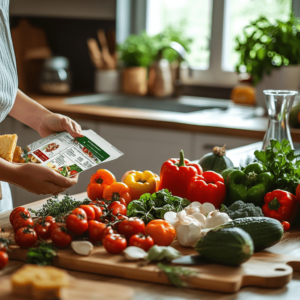 A well-lit, inviting kitchen scene featuring a person holding a packaged food item while carefully reading the nutrition label. The countertop is filled with a vibrant assortment of fresh vegetables including tomatoes, bell peppers, zucchini, garlic, and leafy greens, emphasizing healthy eating. In the background, a glass carafe of water and potted herbs add to the fresh and natural ambiance. The setting promotes healthy eating tips by highlighting the importance of mindful food choices and understanding nutrition labels.