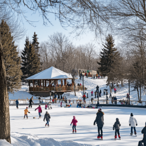 A vibrant winter scene showcasing March Break activities in a park where families and children are enjoying outdoor fun. People of all ages are skating on a frozen pond, bundled up in warm winter clothing. In the background, a wooden gazebo with a snow-covered roof is filled with visitors, while others are sledding down a nearby hill. Tall evergreen and bare deciduous trees frame the setting, and the bright sunlight casts long shadows on the snow, creating a cheerful and lively atmosphere perfect for March Break activities.