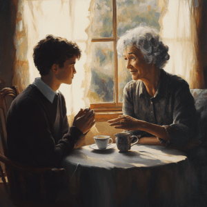 A comforting moment shared between an older woman and a young man as they sit near a sunlit window. The older woman offers a reassuring presence, her expression warm and attentive, for better mental health stigmatization. The peaceful setting highlights trust, compassion, and the quiet strength found in supportive conversations about mental health.