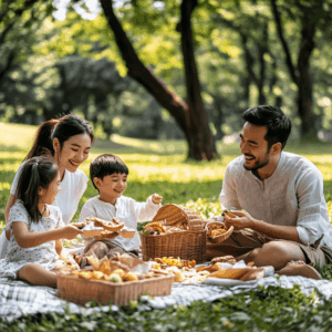 A happy family enjoying a picnic and playing games in a sunny park, symbolizing fun end of school year activities.