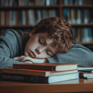 A young student resting his head on a school desk, surrounded by books, symbolizing how migraines can impact children’s school life.