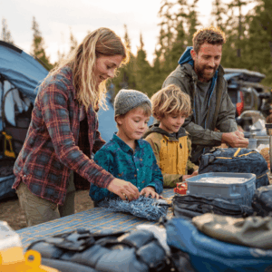 A cheerful family unpacks camping gear at a wooded site, with kids helping their parents organize supplies.