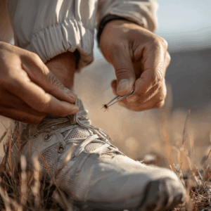 Close-up of a person using tweezers to carefully remove a small tick from their lower leg, with light-coloured pants and hiking shoes visible, capturing the importance of tick checks and prompt removal after time spent outdoors.