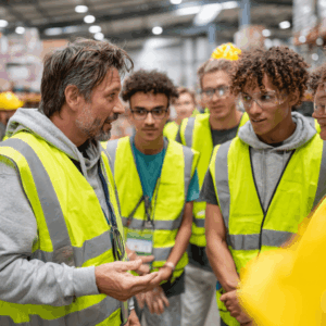 A supervisor reviewing safety gear with a group of young summer employees in a bright warehouse, emphasizing a safe work culture.