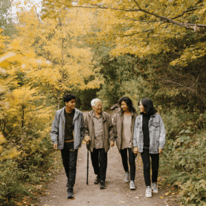 A diverse family on a path in Ancaster, Ontario walking together on a leafy trail, including a grandparent using a walking pole, a teen wearing a small knee brace, and everyone smiling with early fall colours in the background