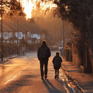 Emotional resilience in action. Parent and child walking to school in the early September light. A calm scene that signals resilience in children and easing back to school anxiety while coping with change.