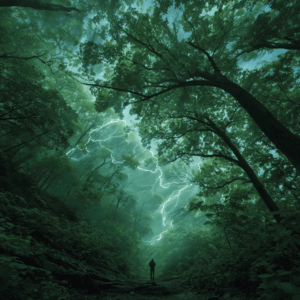 A person standing under A dramatic scene in a Carolinian forest near Hamilton, Ontario, with towering tulip trees and dense green foliage, as an intense wind storm sweeps through branches bending, leaves swirling, and a bolt of lightning in the distance