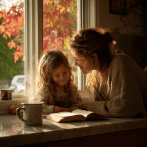 A sunlit morning in Ancaster, Ontario, an adult journals by a window while a mug of tea steams, a child writing down gratitudes, both smiling with early fall leaves outside.