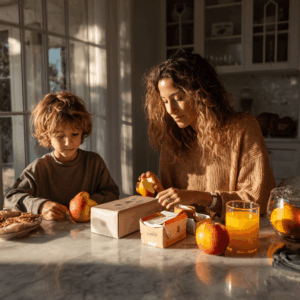 a parent sits with a child at a breakfast table, both are packing lunch. Apples and orange juice boxes sit on the marble counter top with warm morning light in soft yellow and orange