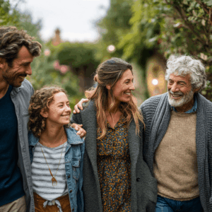 A multigenerational family walking outdoors, smiling and talking, highlighting intergenerational connection, brain health, and overall wellness.